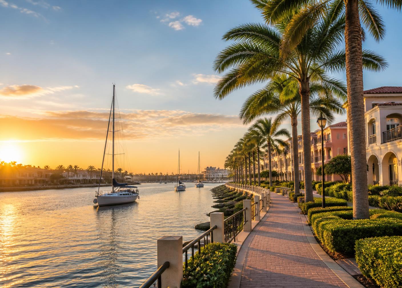 Palm-lined Florida waterfront promenade at golden hour