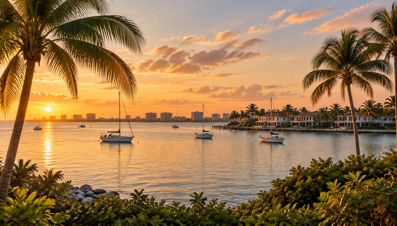 Sarasota bayfront at sunset with sailboats and palm trees